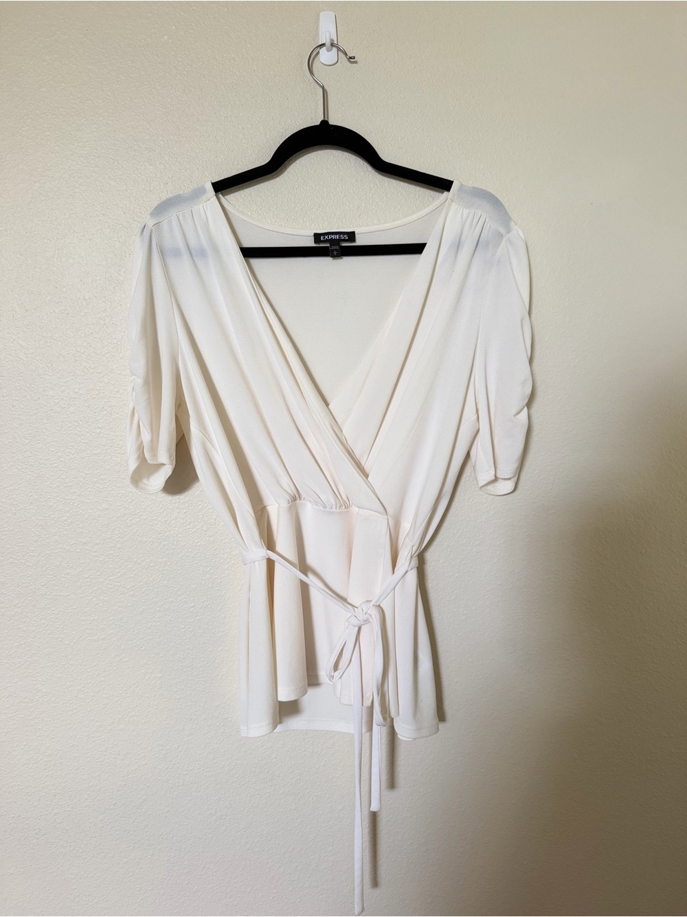 Express Cream Wrap Blouse with Tie Waist
